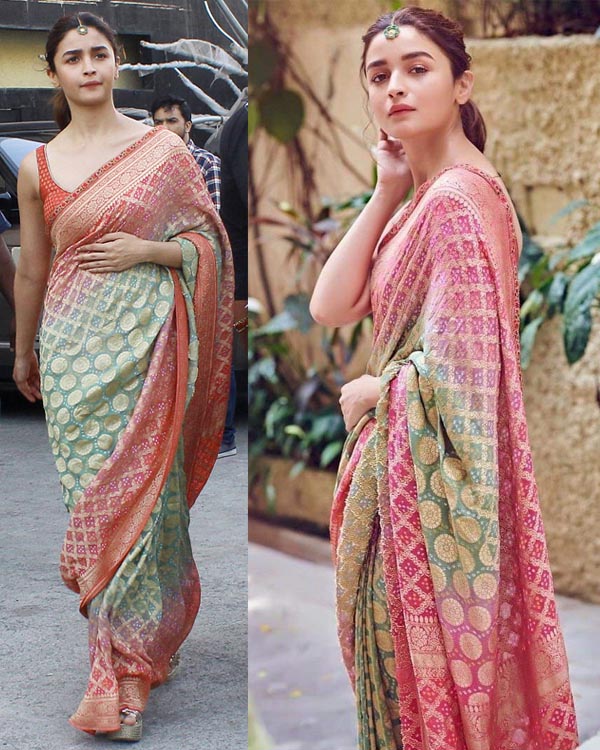 Alia Bhatt in Pure Khaddi Georgette Bandhej Banarasi Handloom Saree - Bharat Silk House