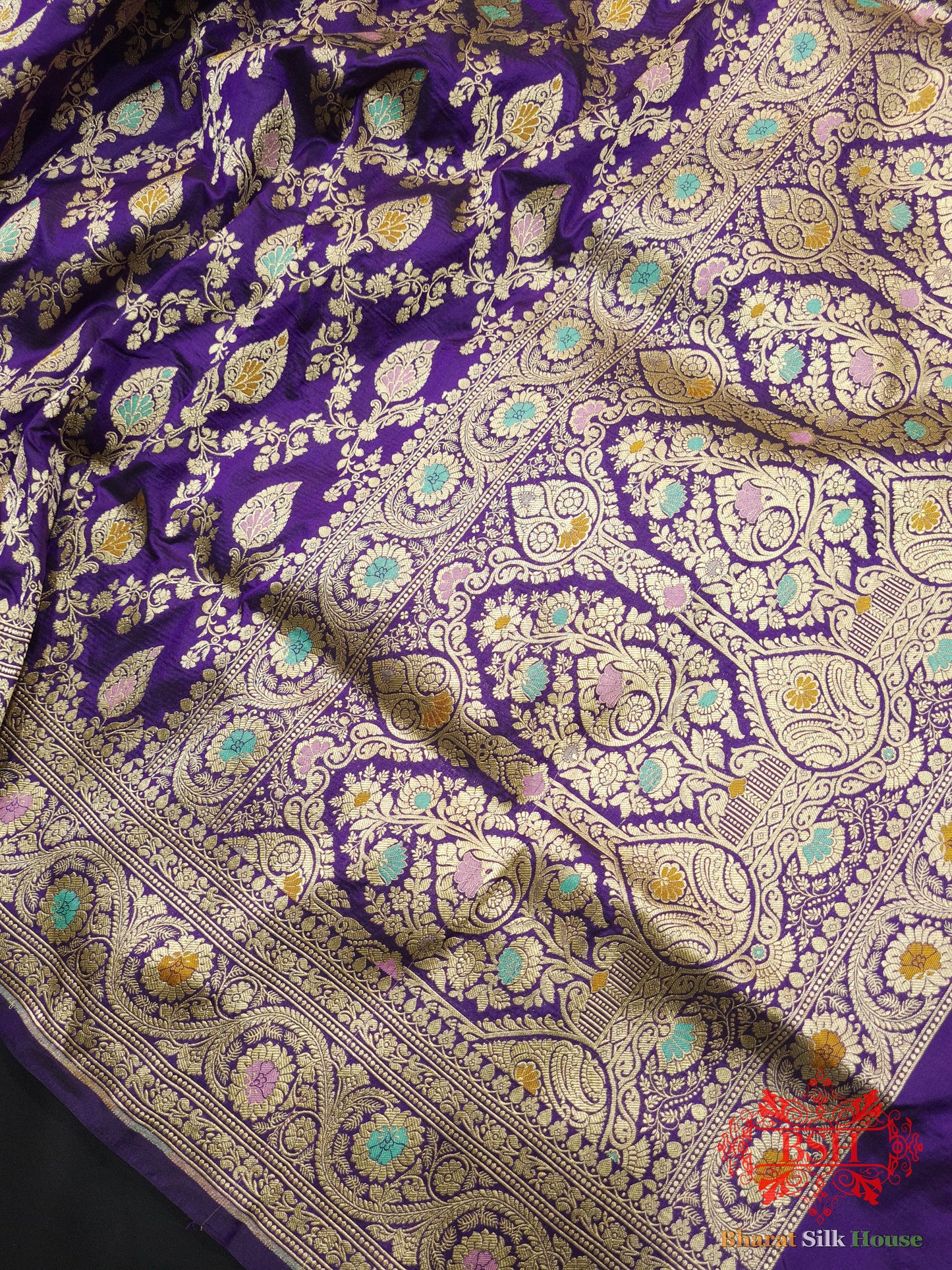 Pure Katan Silk Banarasi Handloom Saree - All over Jaal work with Meenakari