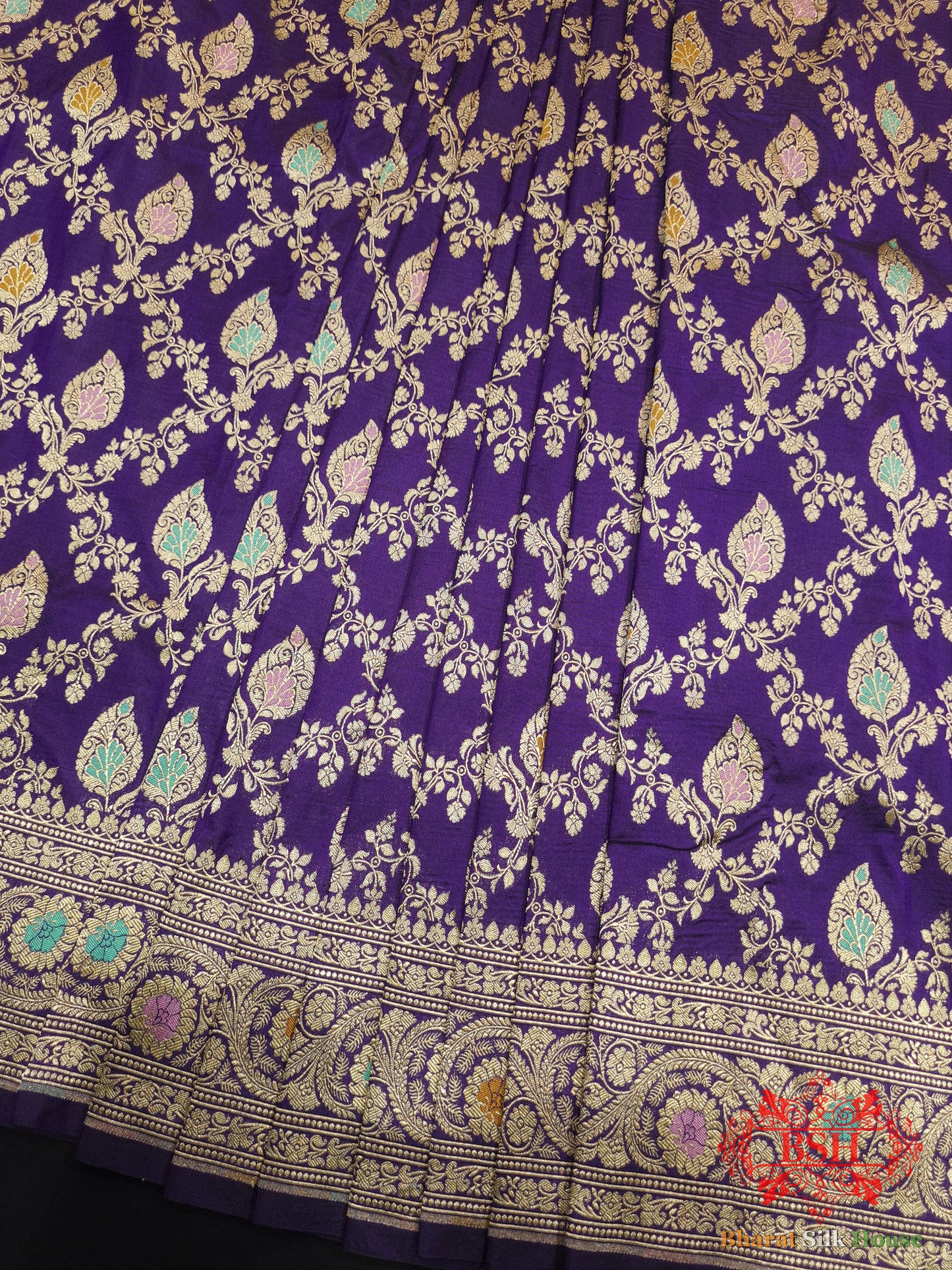 Pure Katan Silk Banarasi Handloom Saree - All over Jaal work with Meenakari