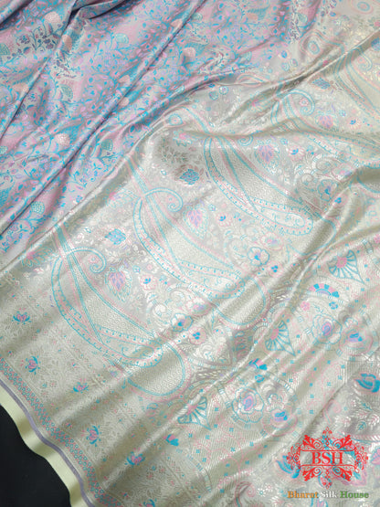 Baby Blue  Dohri Resham Zari Booti Tanchoi Silk Saree