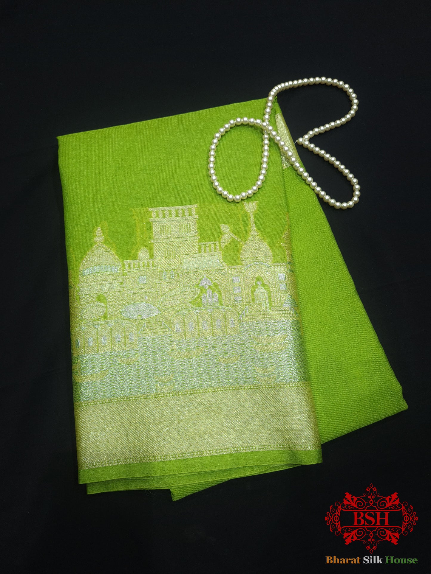 Green Banaras Ghats Weaved Silk Saree