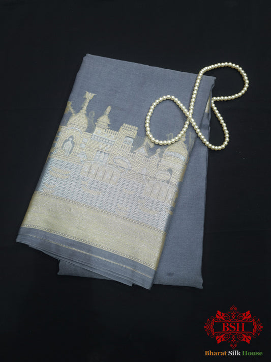 Gray Banaras Ghats Weaved Silk Saree