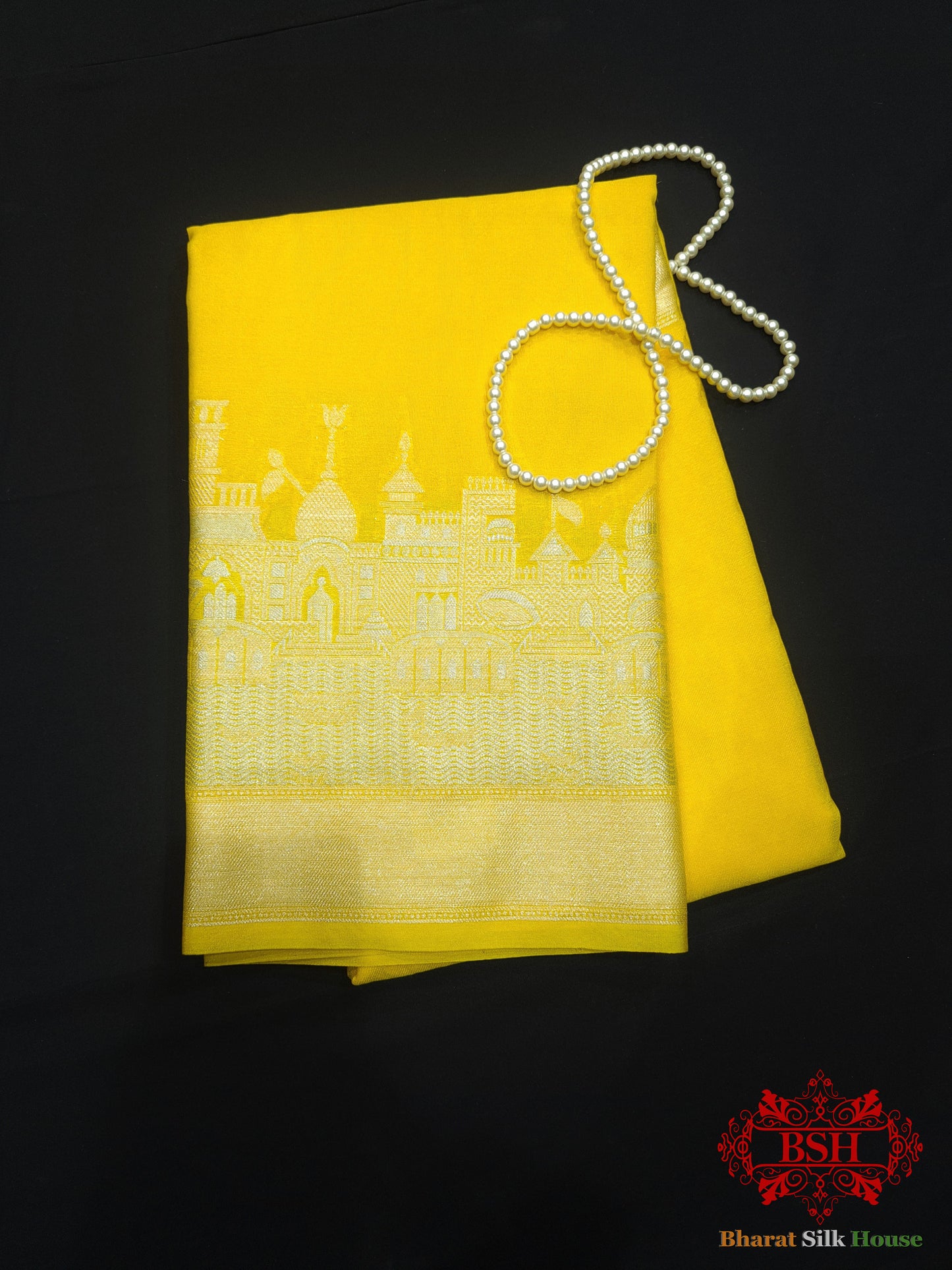 Yellow Banaras Ghats Weaved Silk Saree