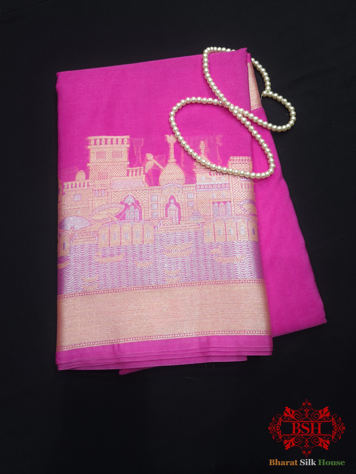 Pink Banaras Ghats Weaved Silk Saree