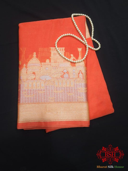 Orange Banarasi Ghats Weaved Silk Saree