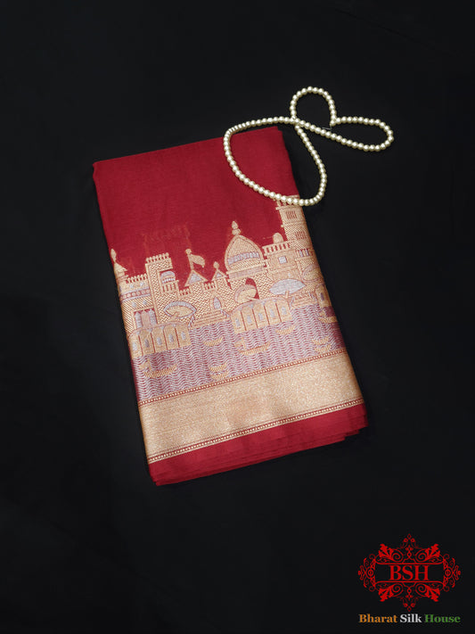 Ruby Red Banaras Ghats Weaved Silk Saree