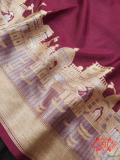 Shade Of Garnet Banaras Ghats Weaved Silk Saree