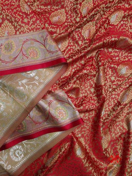 Red Dohri Resham Zari  Booti Tanchoi Silk Saree