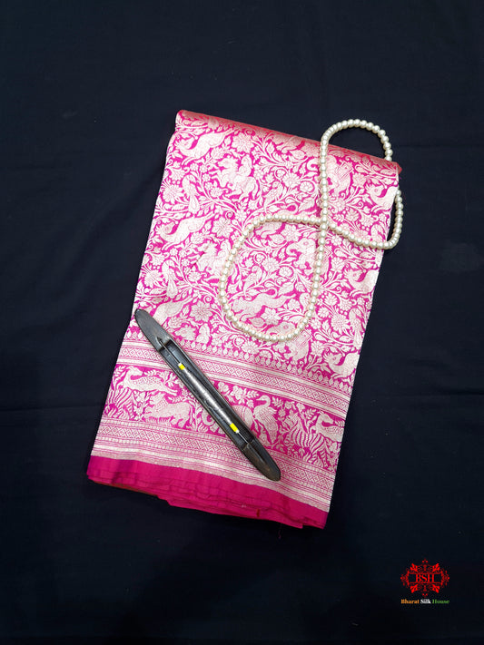 Handloom Banarasi Shikargah Katan Silk Saree In Shades Of Rani