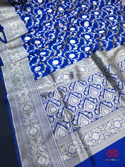 Handloom Banarasi Pure Katan Silk Opara Sona Rupa Dual Zari Saree Floral Jaal In Shades Of Blue