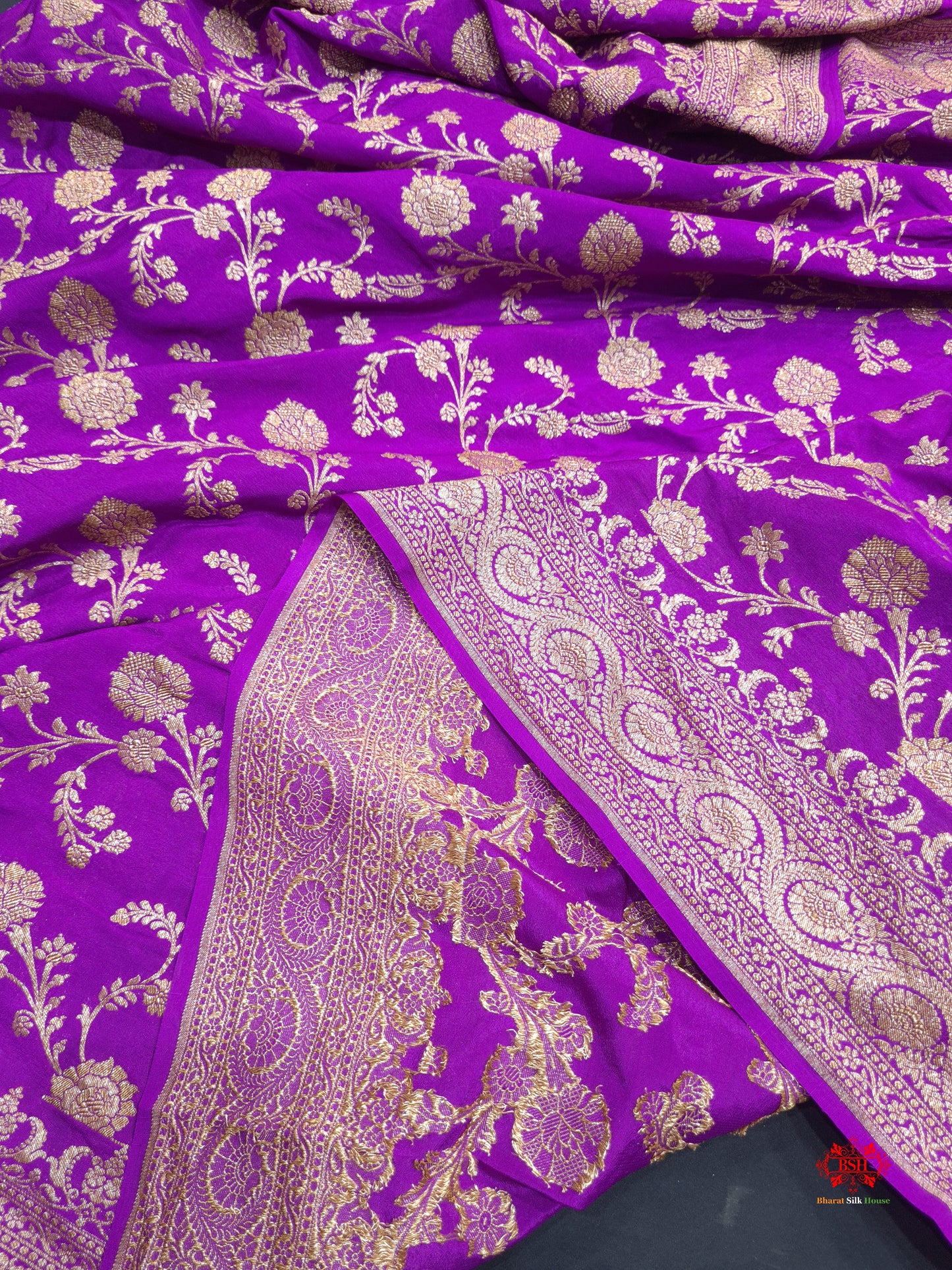 Pure Silk Crape Khaddi Georgette Saree With Antique Zari In Shades Of Magenta