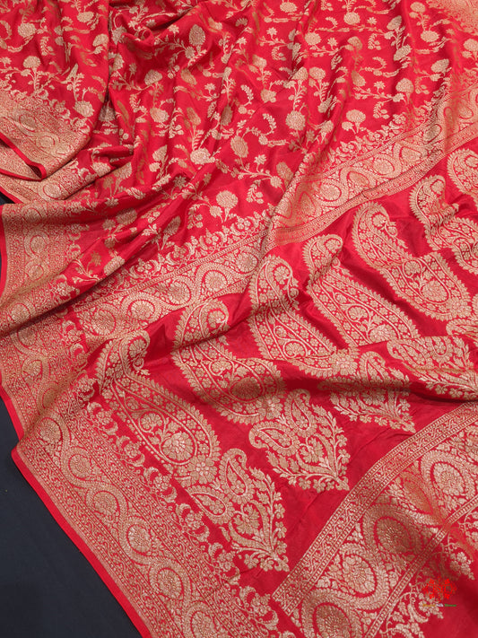 Pure Silk Crape Khaddi Georgette Saree With Antique Zari In Shades Of Red