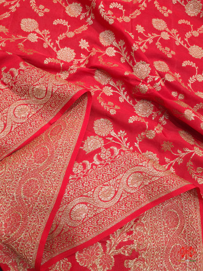 Pure Silk Crape Khaddi Georgette Saree With Antique Zari In Shades Of Red