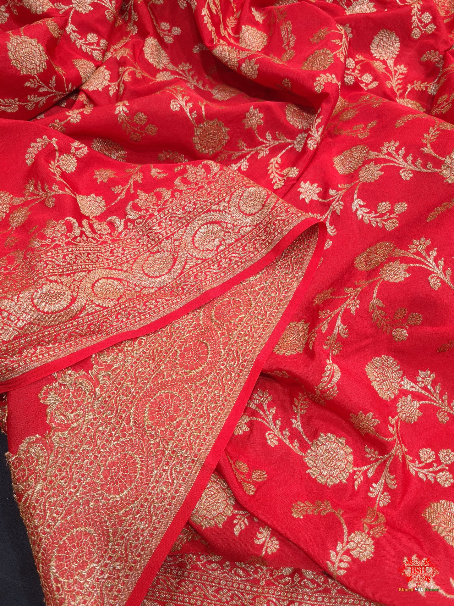 Pure Silk Crape Khaddi Georgette Saree With Antique Zari In Shades Of Red