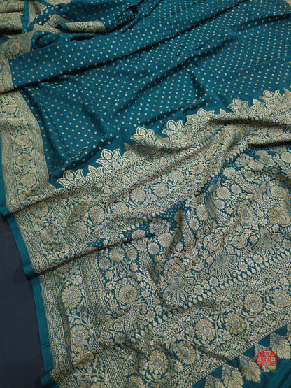 Pure Silk Crape Khaddi Georgette Saree With Antique Zari In Shades Of Green