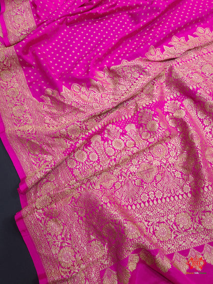 Pure Silk Crape Khaddi Georgette Saree With Antique Zari In Shades Of Pink