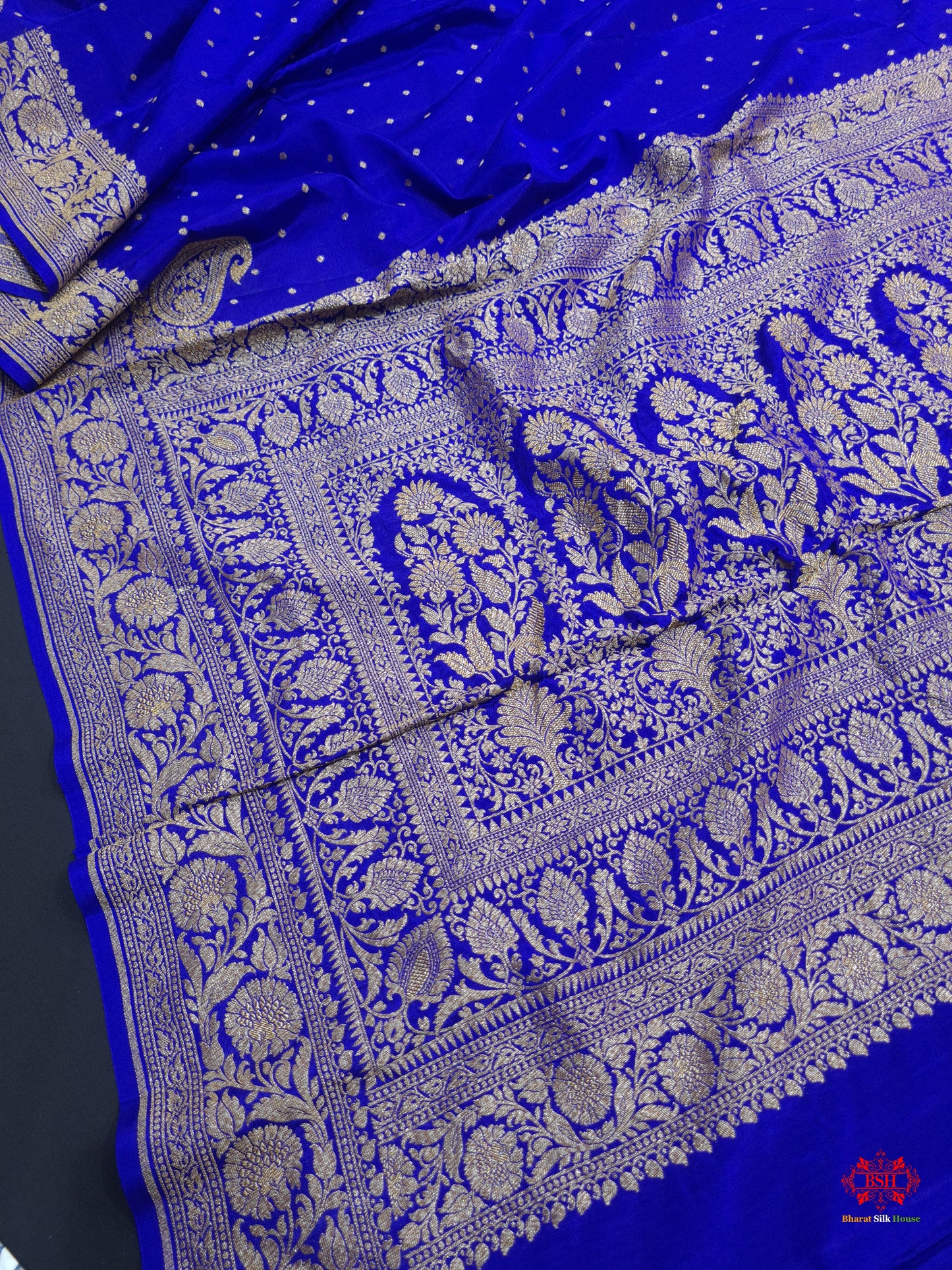 Pure Silk Crape Khaddi Georgette Saree With Antique Zari In Shades Of Blue