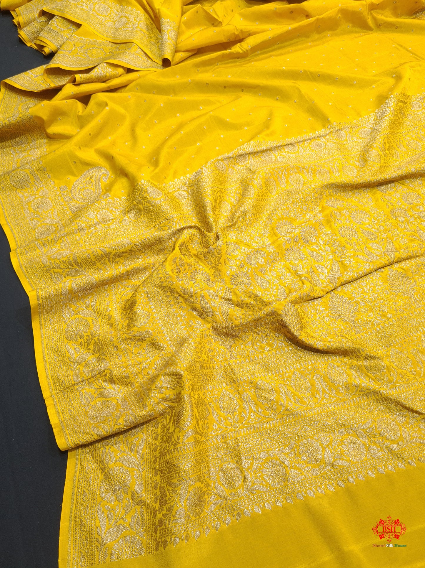 Pure Silk Crape Khaddi Georgette Saree With Antique Zari In Shades Of Yellow