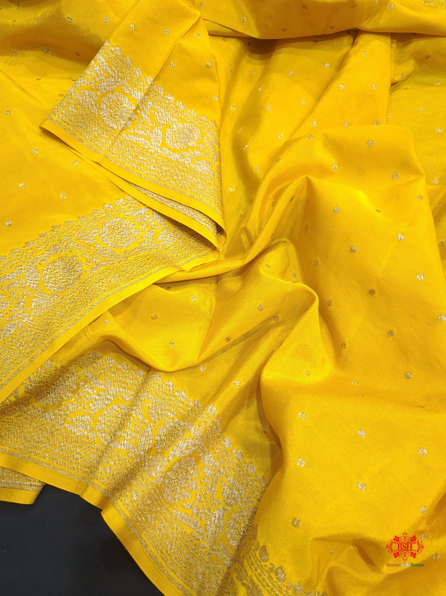 Pure Silk Crape Khaddi Georgette Saree With Antique Zari In Shades Of Yellow