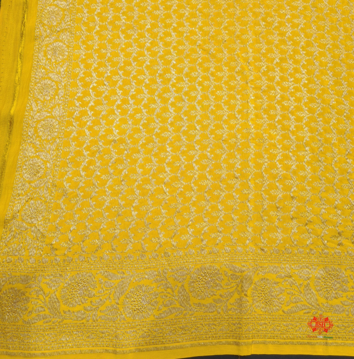 Pure Silk Crape Khaddi Georgette Saree With Antique Zari In Shades Of Yellow