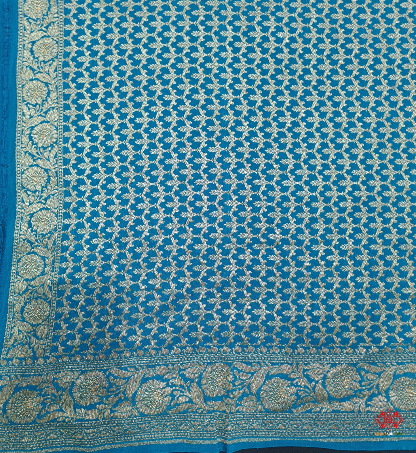 Pure Silk Crape Khaddi Georgette Saree With Antique Zari In Shades Of Blue