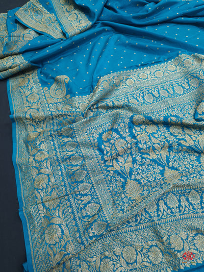 Pure Silk Crape Khaddi Georgette Saree With Antique Zari In Shades Of Blue