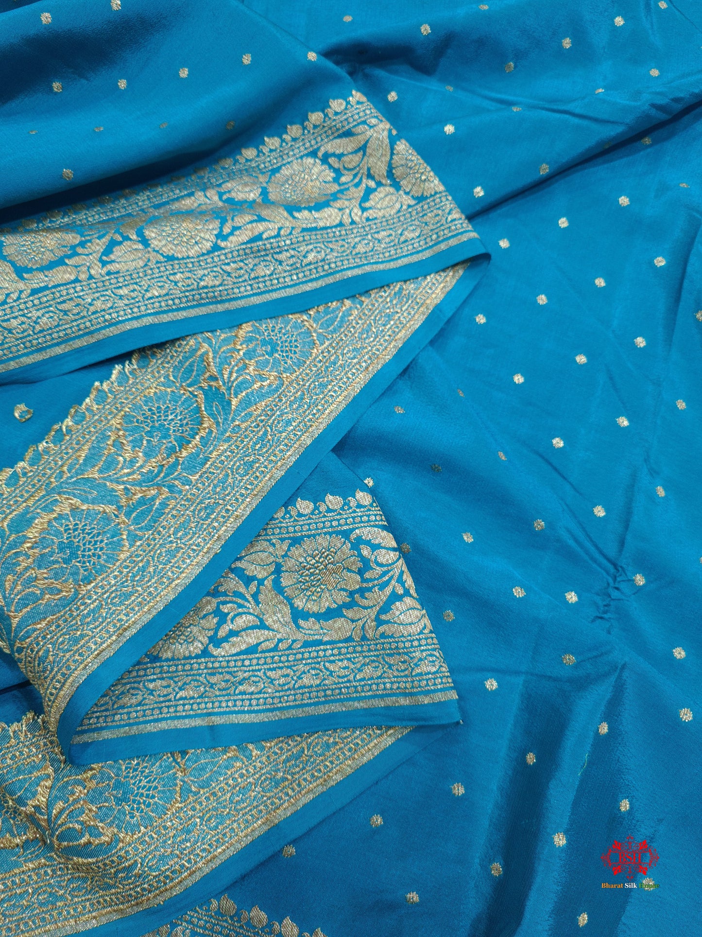 Pure Silk Crape Khaddi Georgette Saree With Antique Zari In Shades Of Blue