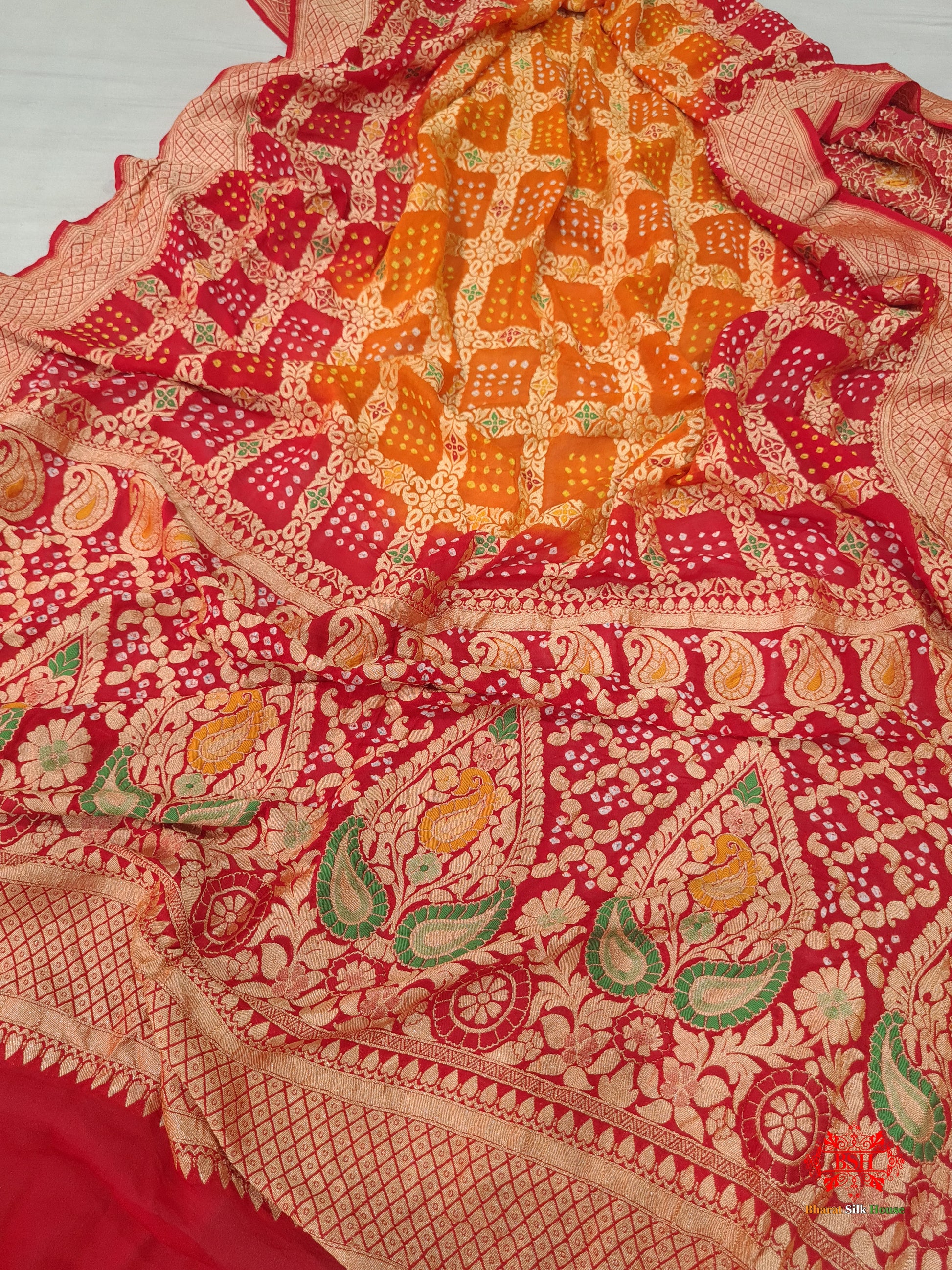 Yellow/Red Georgette Banarasi Handloom Menakari Bandhani Dupatta - Bharat Silk House Bandhej