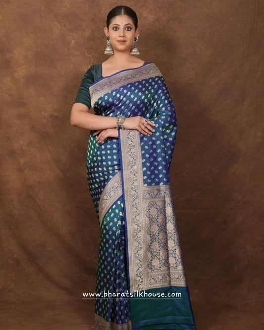 Blue/Green Cross Color Pure Katan Silk Handwoven Banarasi Saree