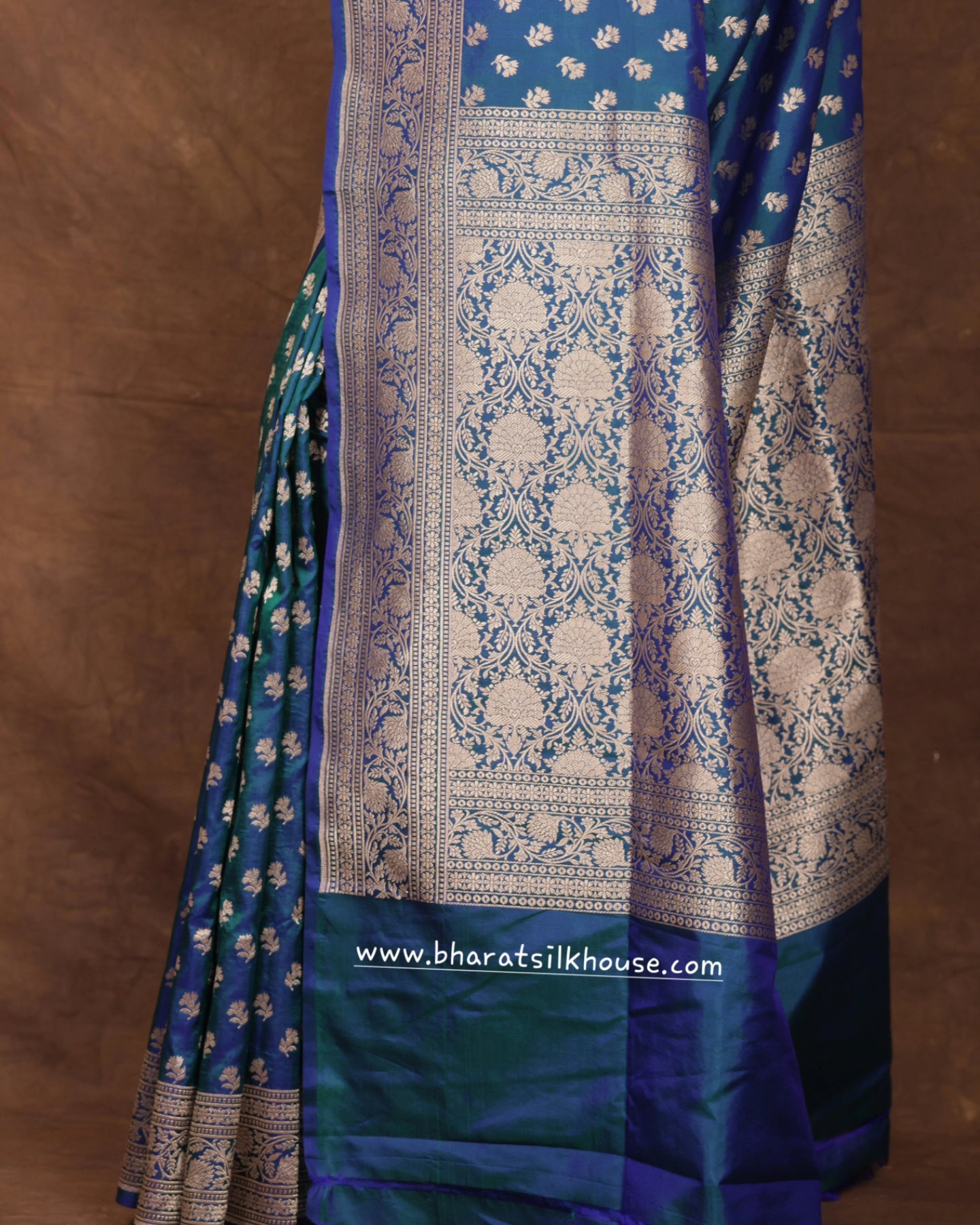 Blue/Green Cross Color Pure Katan Silk Handwoven Banarasi Saree - Bharat Silk House