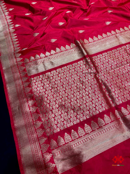 Pure Banarasi Handloom Katan Silk Antique Zari Saree In Shades Of Red