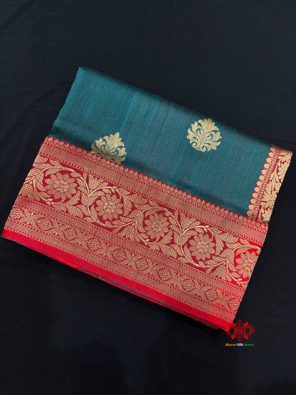 Ocean Blue Shade Pure Banarasi Tusser Moonga Silk Saree