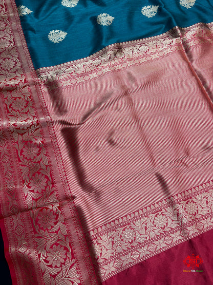 Ocean Blue Shade Pure Banarasi Tusser Moonga Silk Saree