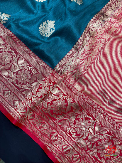 Ocean Blue Shade Pure Banarasi Tusser Moonga Silk Saree