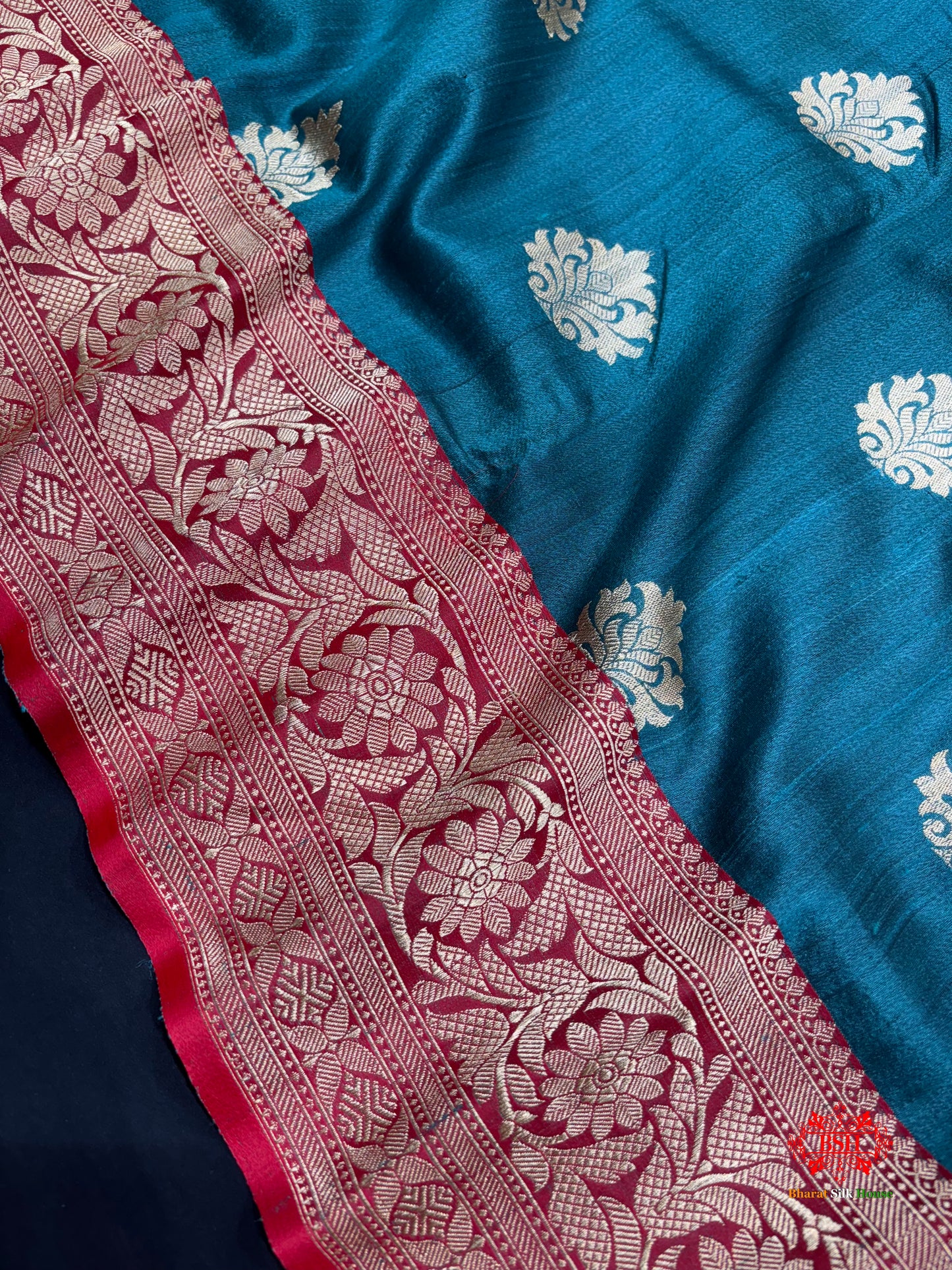 Ocean Blue Shade Pure Banarasi Tusser Moonga Silk Saree