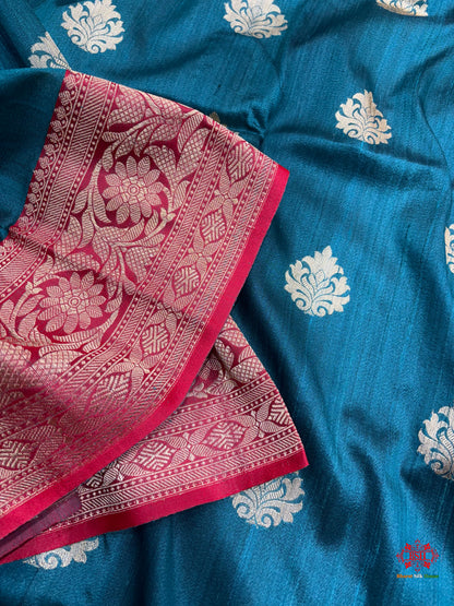 Ocean Blue Shade Pure Banarasi Tusser Moonga Silk Saree