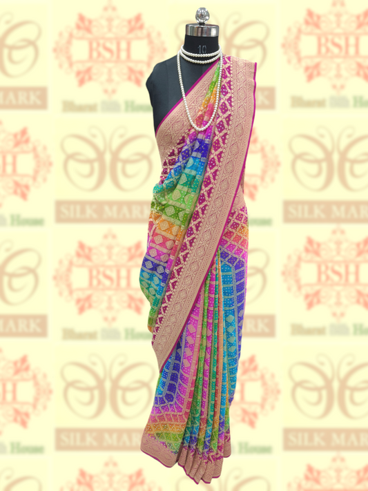 Ten Color Handbrush Dyed Pure Georgette Bandhej Banarasi Handloom Saree