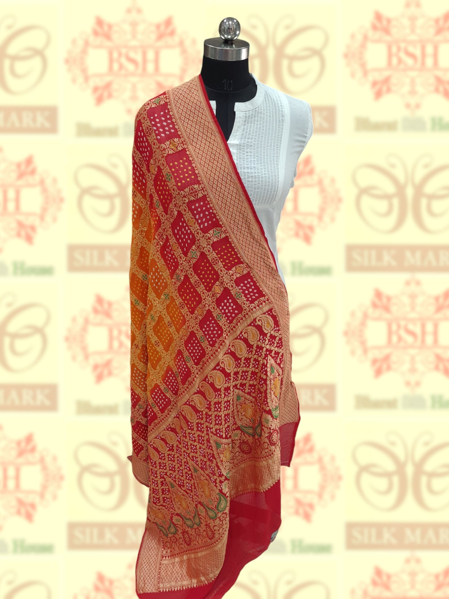 Yellow/Red Georgette Banarasi Handloom Menakari Bandhani Dupatta - Bharat Silk House Bandhej