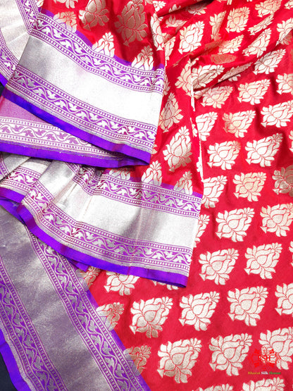 Handloom Banarasi Pure Katan Silk Floral Booti In Shades Of Red