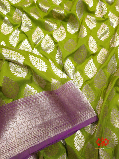 Handloom Banarasi Pure Katan Silk Floral Booti In Shades Of Green