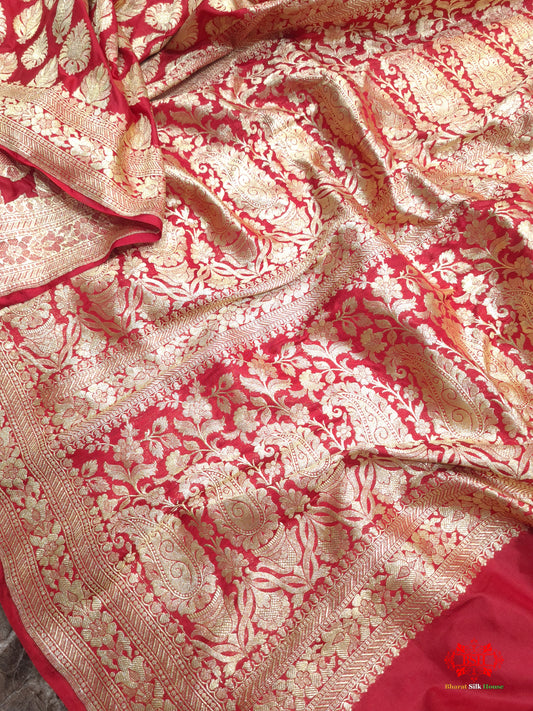 Handloom Banarasi Pure Katan Silk Floral Booti In Shades Of Red