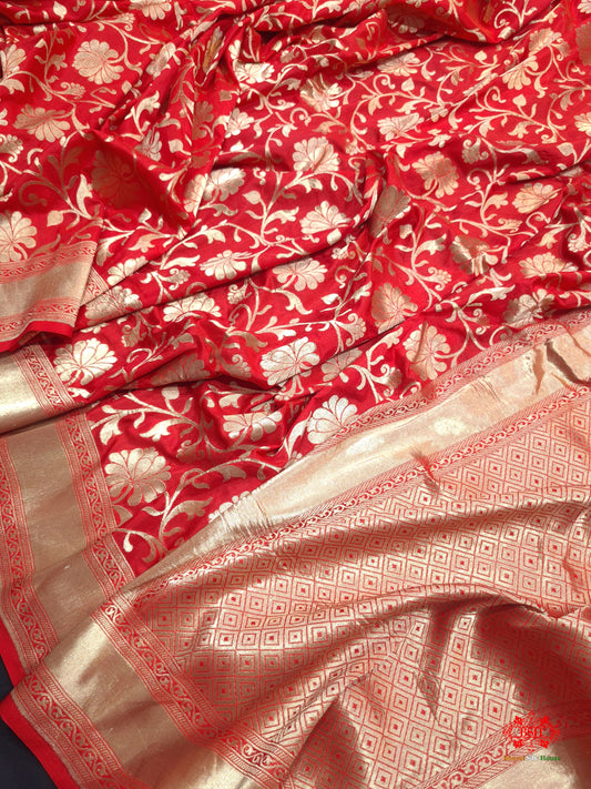 Handloom Banarasi Pure Katan Silk Floral Booti In Shades Of Red