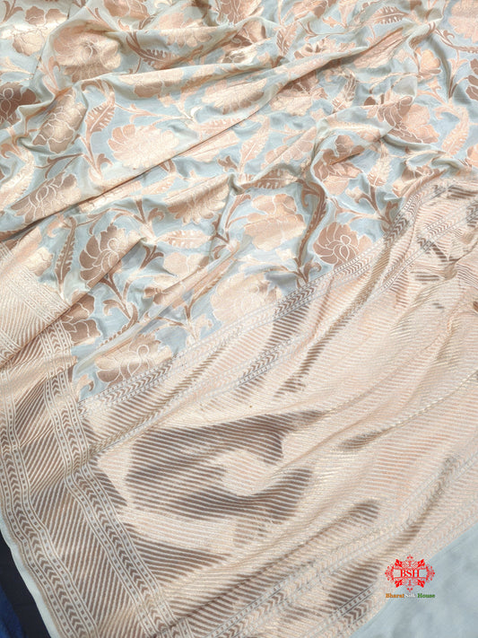 Handloom Banarasi Pure Katan Silk Floral Booti In Shades Of White