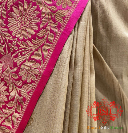 Antique White Pure Tussar Moonga Silk Handloom Saree With Zari Border - Bharat Silk House