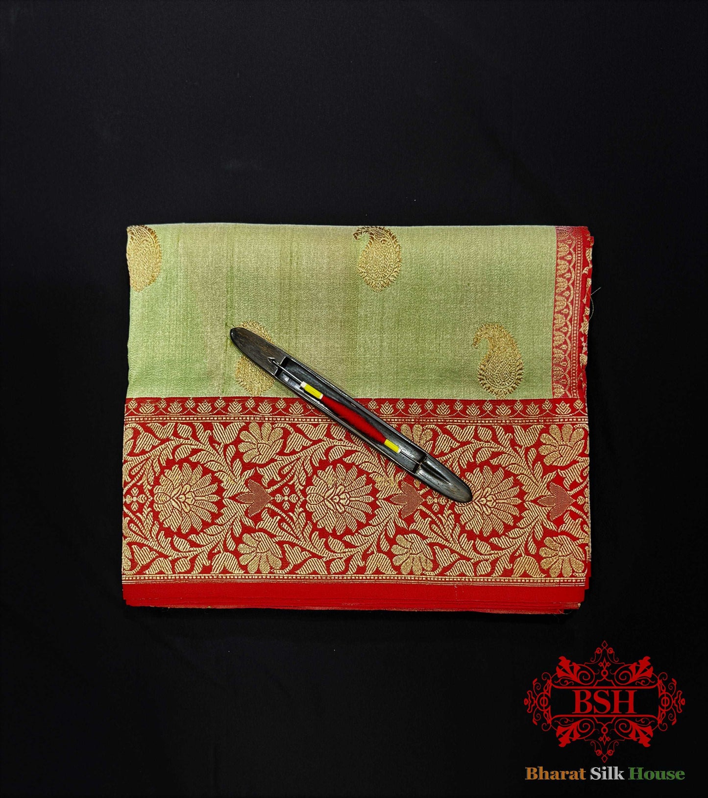 Avocado Green Pure Tussar Moonga Silk Handloom Saree With Zari Border - Bharat Silk House