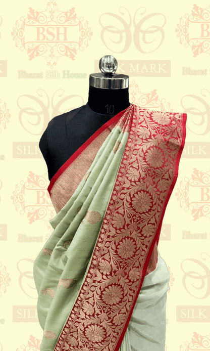 Avocado Green Pure Tussar Moonga Silk Handloom Saree With Zari Border - Bharat Silk House