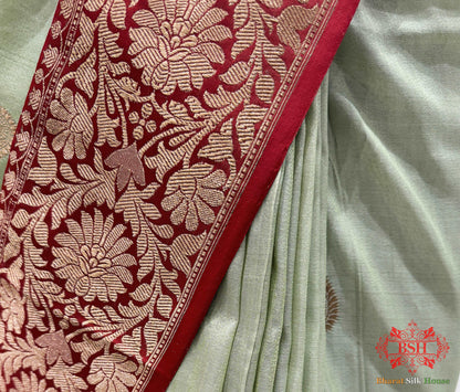 Avocado Green Pure Tussar Moonga Silk Handloom Saree With Zari Border - Bharat Silk House