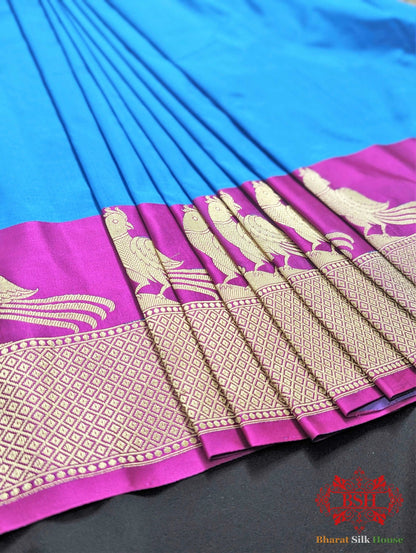 Azure Blue Pure Katan Silk Banarasi Handloom Saree - Bharat Silk House