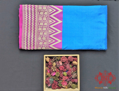 Azure Blue Shades Pure Katan Silk Banarasi Handloom Saree - Bharat Silk House