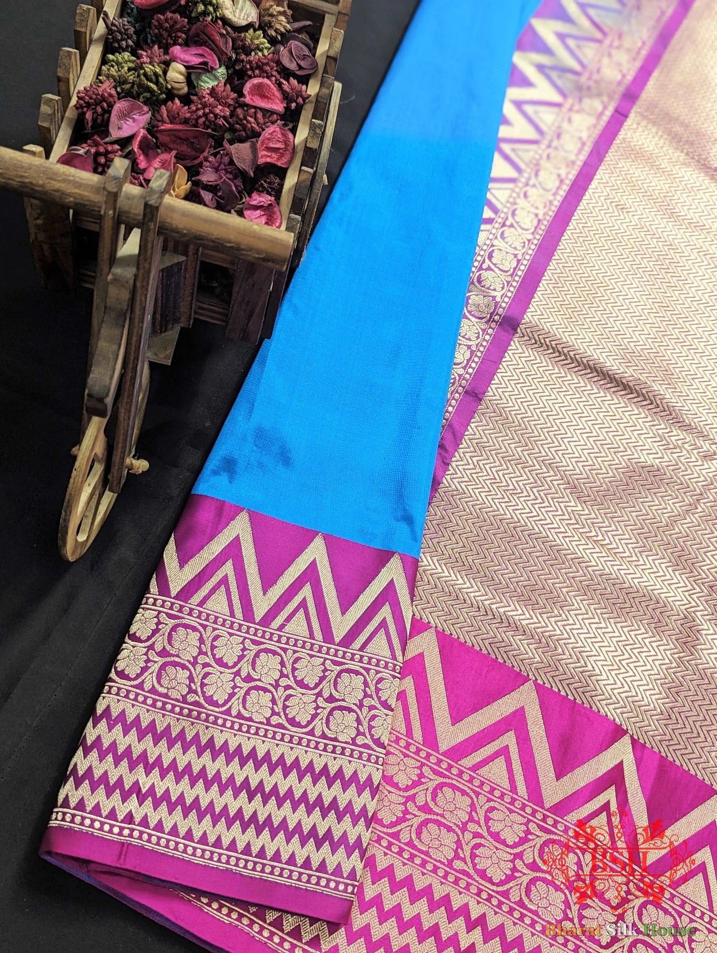 Azure Blue Shades Pure Katan Silk Banarasi Handloom Saree - Bharat Silk House